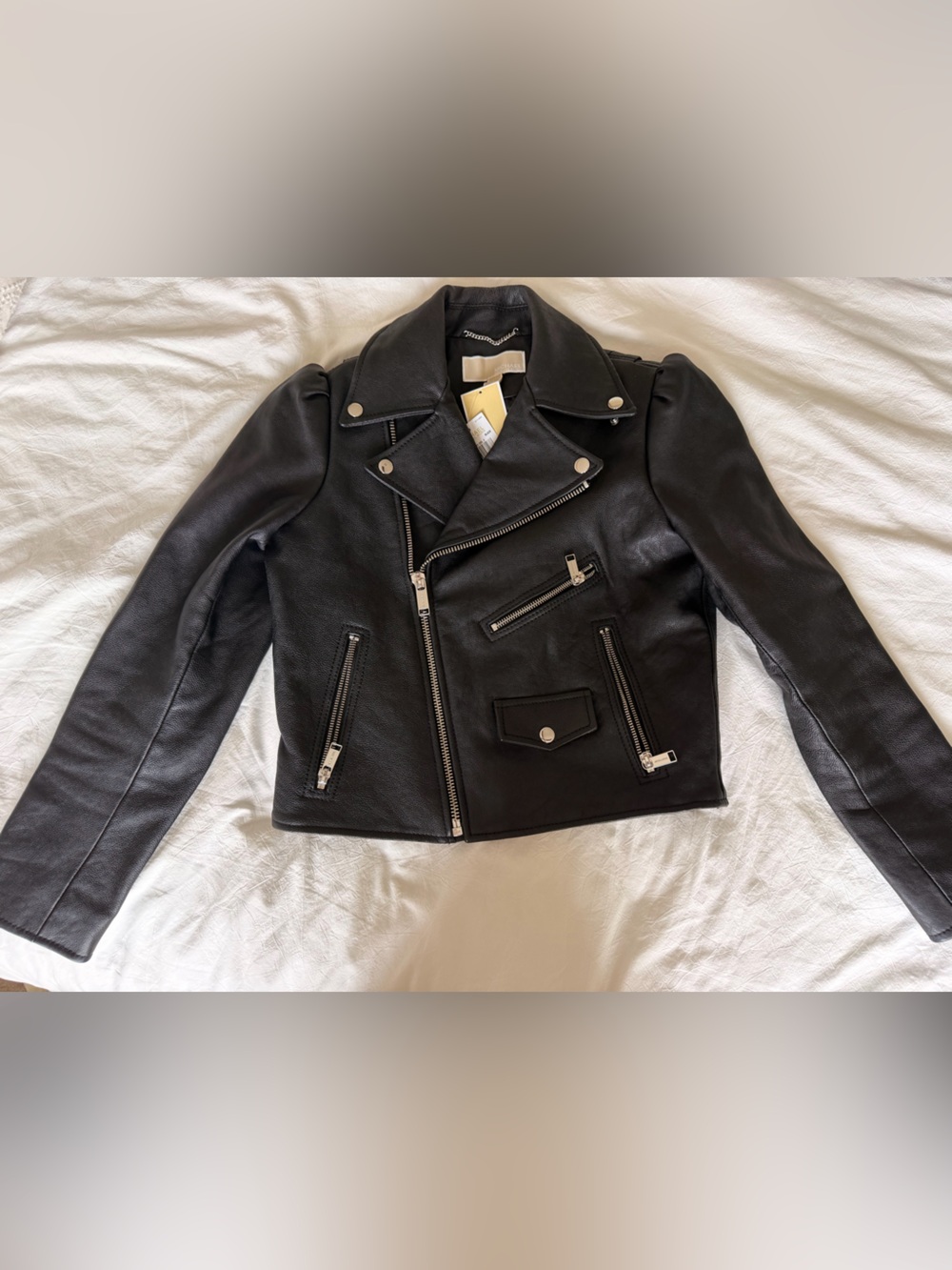 Michael Kors Black Leather Moto Jacket with Silver Hardware